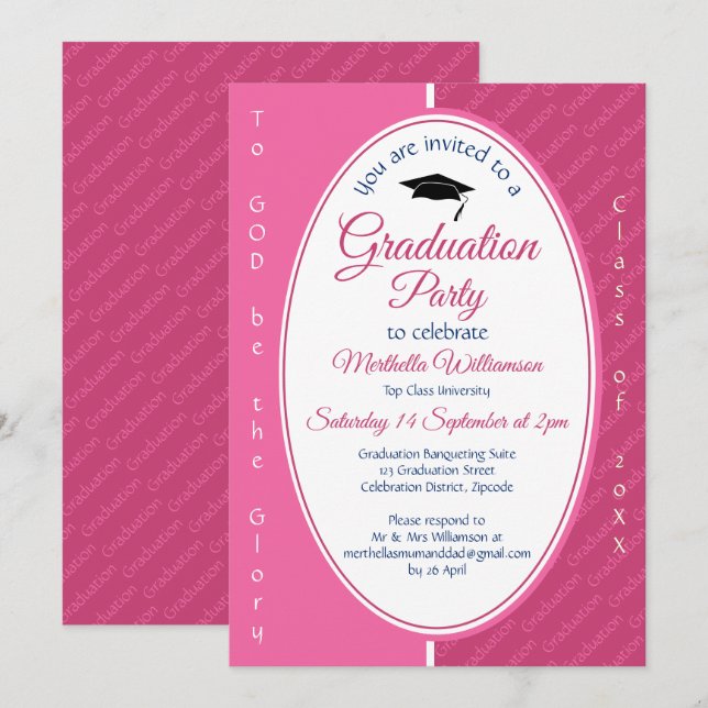 Invitación A DIOS SEA LA GLORIA Personalizado Graduación Rosa (Anverso / Reverso)