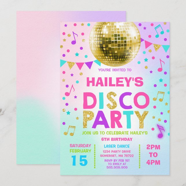 Invitación a discoteca Glow Disco Invitado Fiesta (Anverso / Reverso)