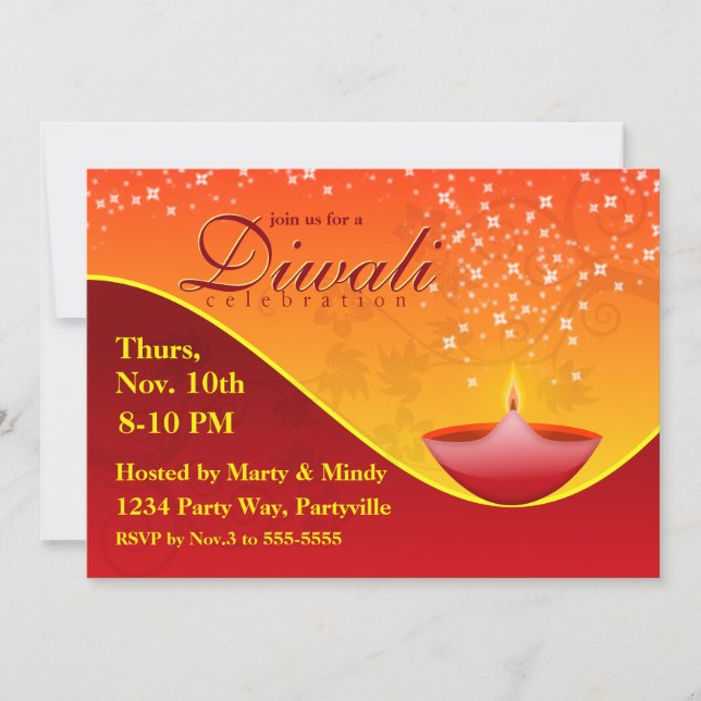 Invitación a Diwali de la Deepa Roja brillante (Anverso)