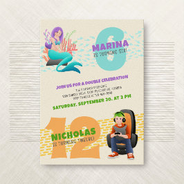 Invitación a doble cumpleaños de Mermaid Gamer Joi