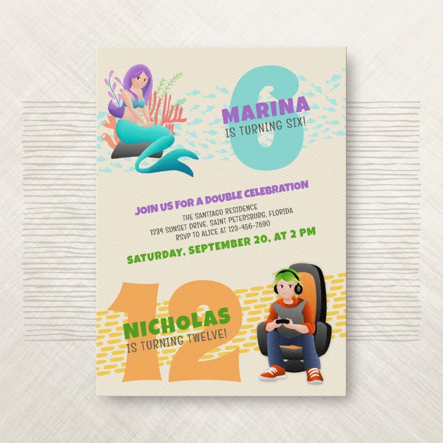 Invitación a doble cumpleaños de Mermaid Gamer Joi (Subido por el creador)