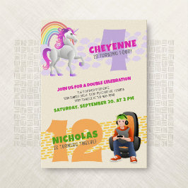 Invitación a doble cumpleaños de Unicorn Gamer Joi