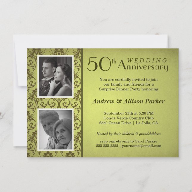 Invitación a doble foto de aniversario de damasco  (Anverso)