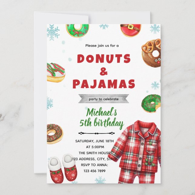 Invitación a donut de pijama de Navidad (Anverso)