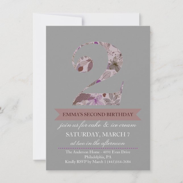 Invitación a dos cumpleaños de Floral gris y morad (Anverso)