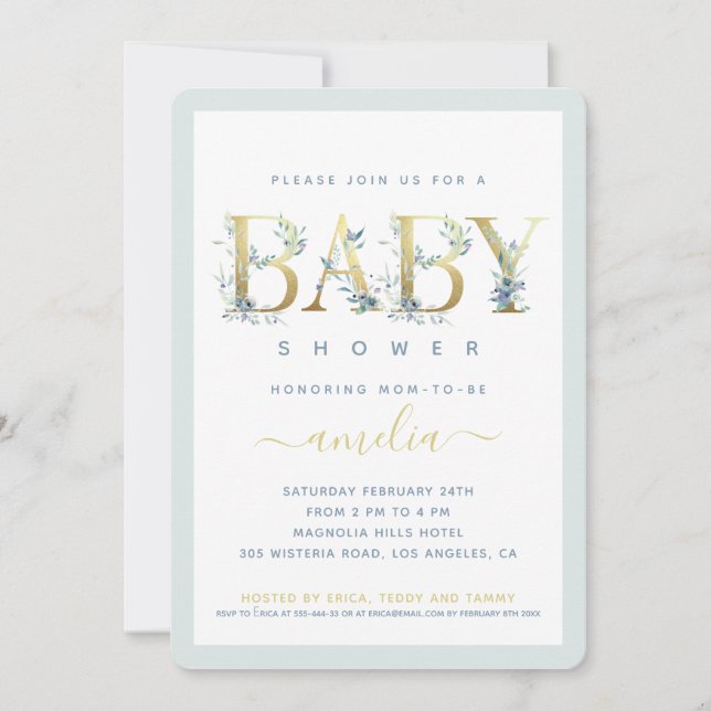 Invitación a ducha Blue Boy Baby Floral Gold
