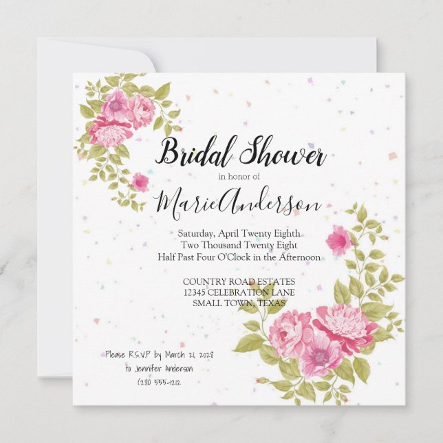 Invitación a ducha con confetti floral rosa rosa (Anverso)