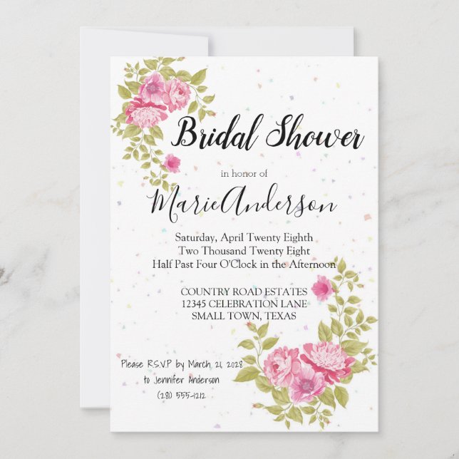 Invitación a ducha con confetti floral rosa rosa (Anverso)