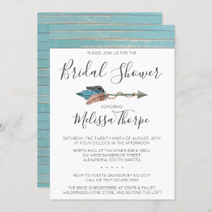 Invitación a ducha con flechas de plumas rusticas
