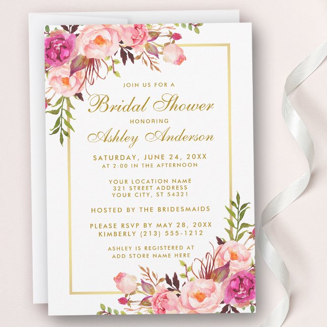 Invitación a ducha con flores de oro rosadas de Ru (Customize to change text color, style or text size.)