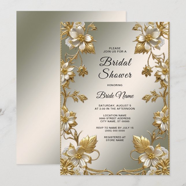 Invitación a ducha con ornato de oro blanco floral (Anverso / Reverso)