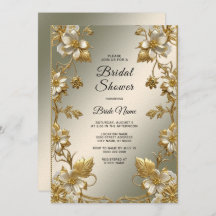 Invitación a ducha con ornato de oro blanco floral
