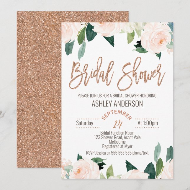 Invitación a ducha con Rosa floral Gold Bridal (Anverso / Reverso)
