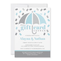 Invitación a ducha con tarjeta de regalo en azul y