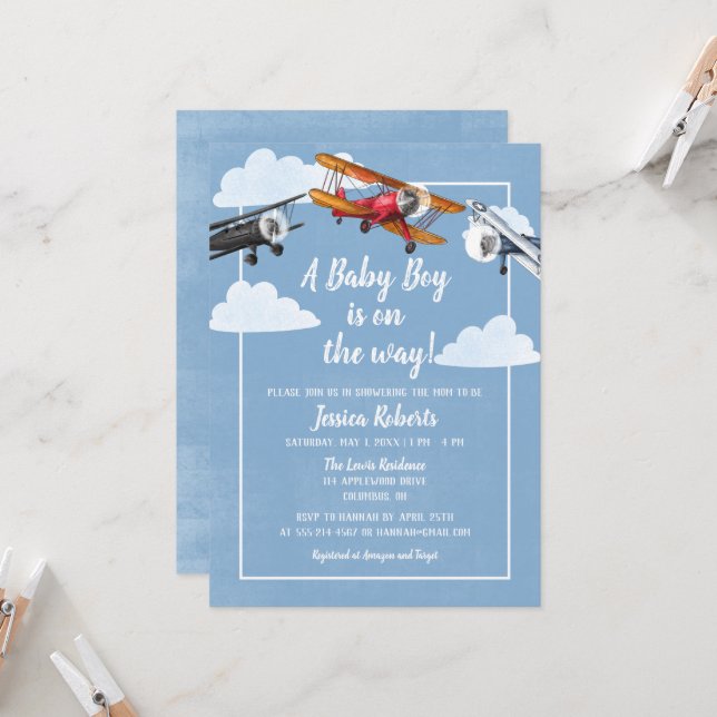 Invitación a ducha de bebé Aventura para avión (Anverso/Reverso In Situ)