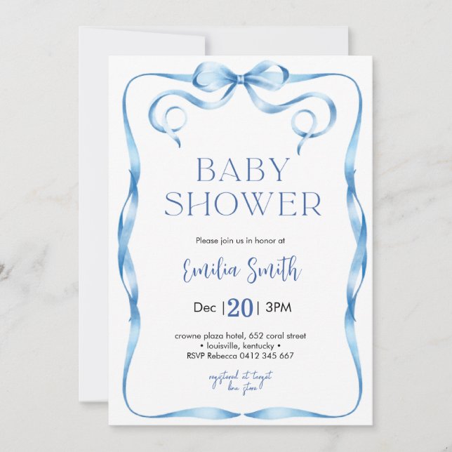 Invitación a ducha de bebé Blue Boy Bow (Anverso)