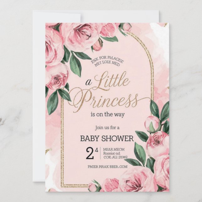 Invitación a ducha de bebé con flores rosadas - El (Anverso)