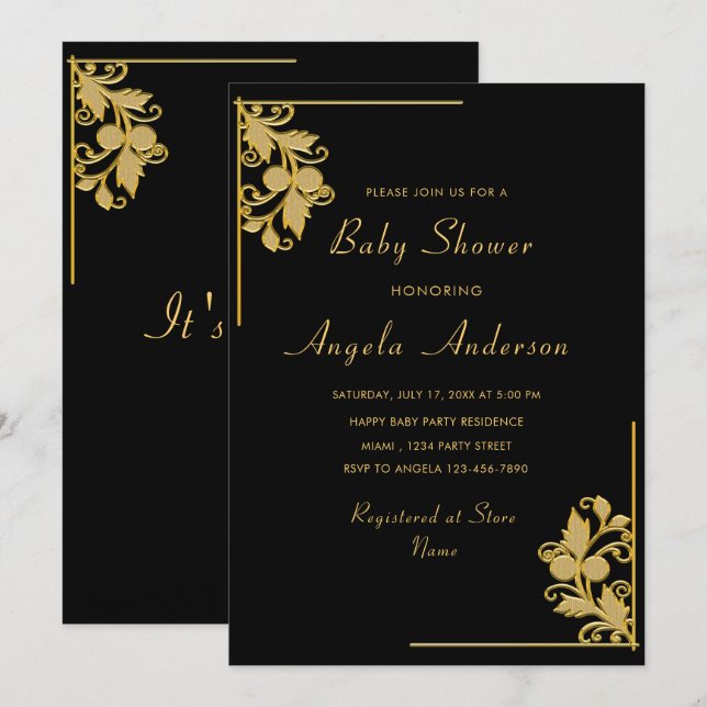 Invitación a ducha de bebé con marco Golden Flral (Anverso / Reverso)