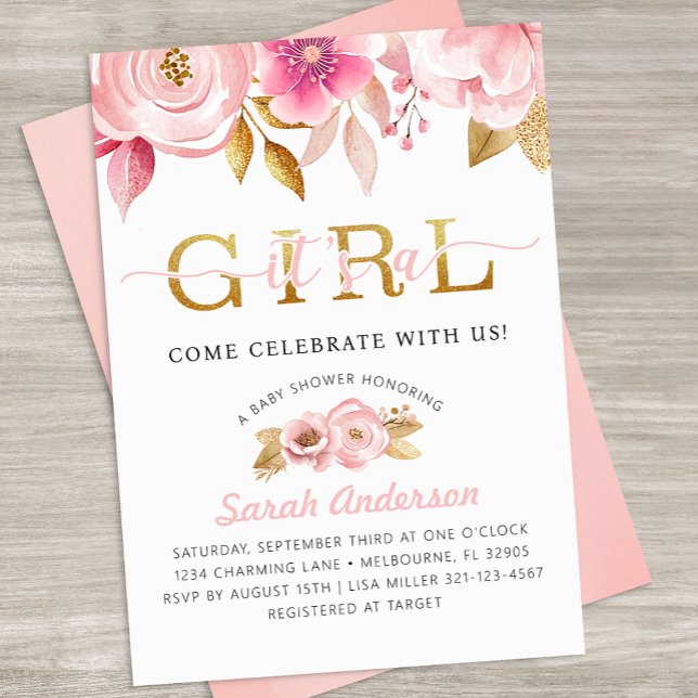 Invitación a ducha de bebé floral rosa Rubor (It's A Girl Baby Shower Invite)