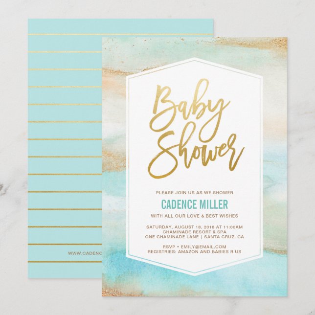 Invitación a ducha de bebé marble acuarela (Anverso / Reverso)