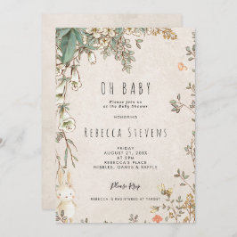 invitación a ducha de bebé neutra con conejo de fl