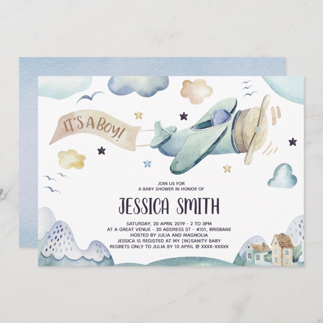 Invitación a ducha de bebé niño de avión acuarela (Anverso / Reverso)