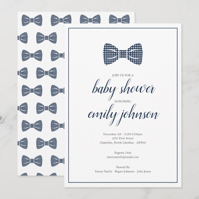 Invitación a ducha de bebé Preppy Gingham Bow Tie  (Anverso / Reverso)