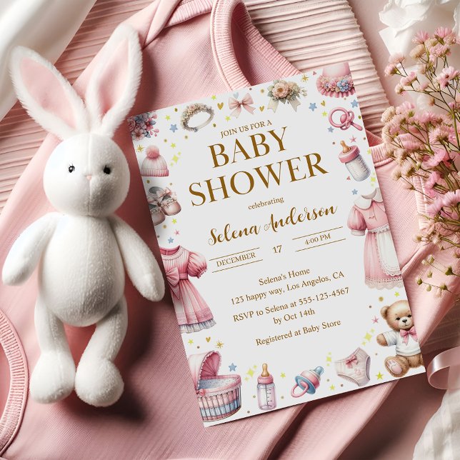 Invitación a ducha de bebé rosada con juguetes cur (Subido por el creador)