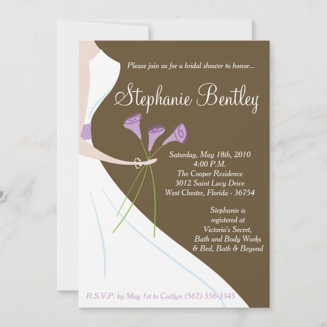 Invitación a ducha de Boda marrón con vestido de n (Anverso)