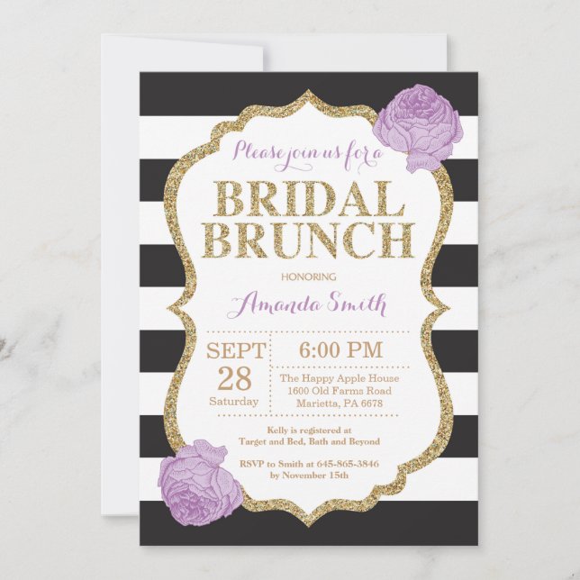 Invitación a ducha de brunch negro morado y dorado (Anverso)