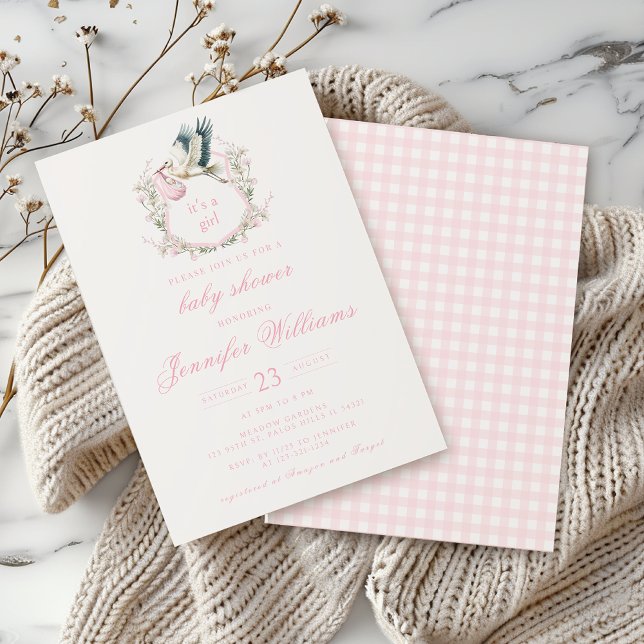 Invitación a ducha de Escudo de cigüeñas rosadas (Subido por el creador)