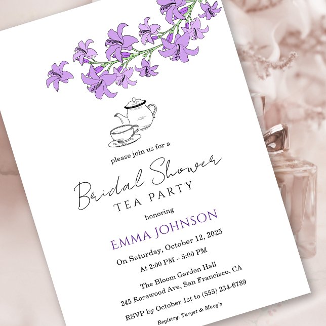 Invitación a ducha de Fiesta de té de novia Lavend (Lavender Lily Bridal Tea Party Shower Invitation)