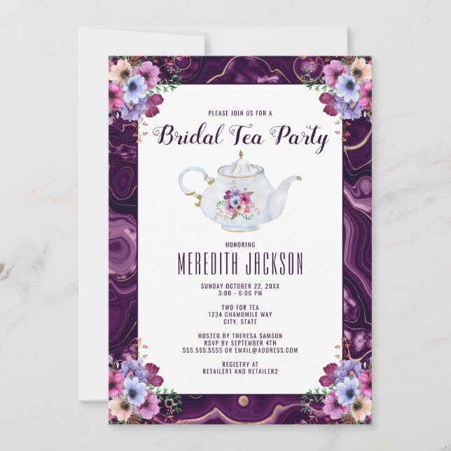 Invitación a ducha de Fiesta de té morado con flor (Anverso)