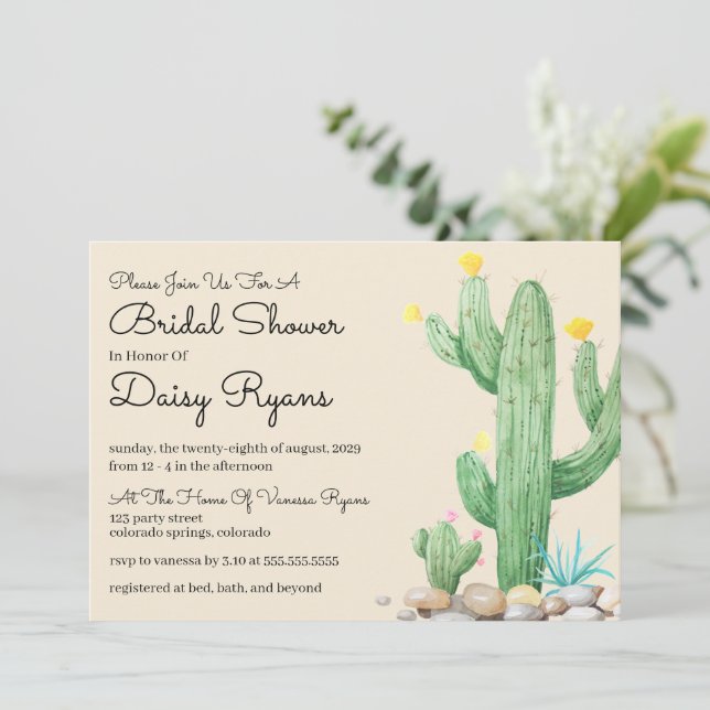 Invitación a ducha de marfil acuarela Cactus (Anverso de pie)