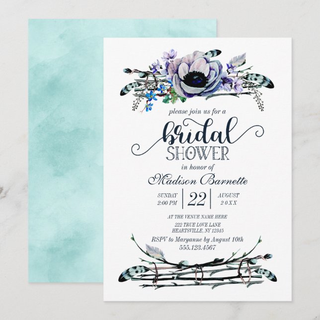 Invitación a ducha de Moda Boho Mint & Navy Bridal (Anverso / Reverso)