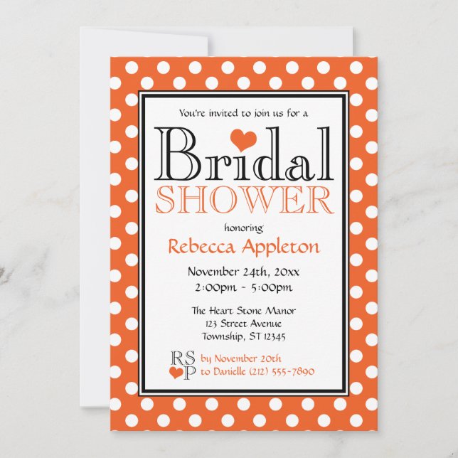 Invitación a ducha de Naranja Polka Dot (Anverso)