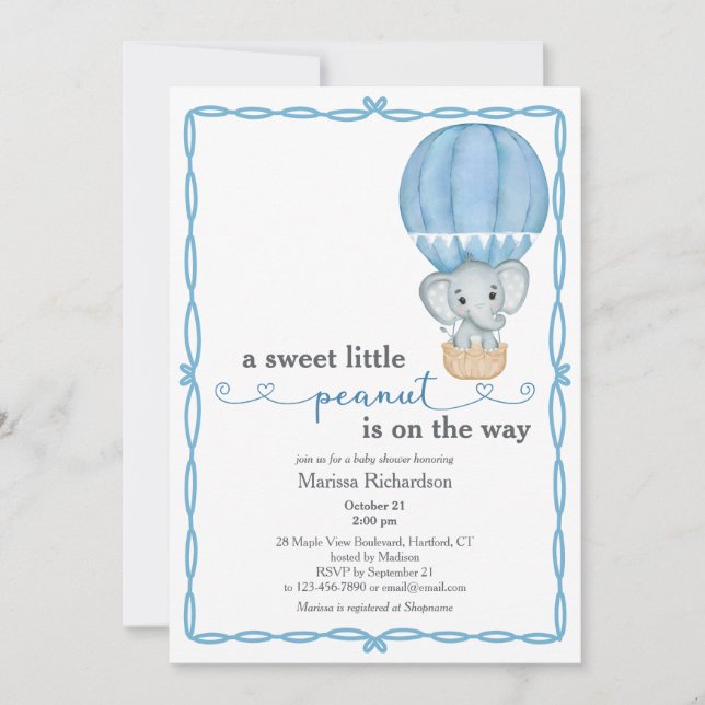 Invitación a ducha de niño bebé elefante azul (Anverso)