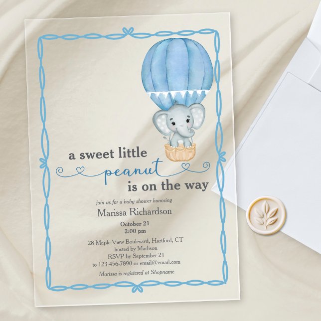 Invitación a ducha de niño bebé elefante azul (cute elegant blue elephant sweet little peanut baby boy shower acrylic invitation)