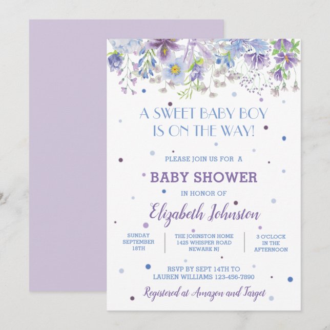 Invitación a ducha de niño con flores moradas y az (Anverso / Reverso)