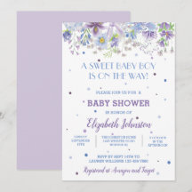 Invitación a ducha de niño con flores moradas y az