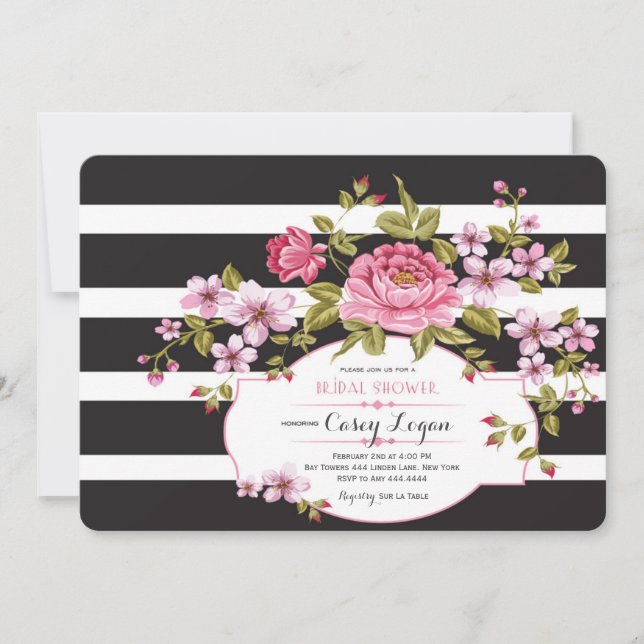 Invitación a ducha de novia a rayas florales (Anverso)