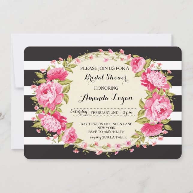 Invitación a ducha de novia a rayas florales (Anverso)