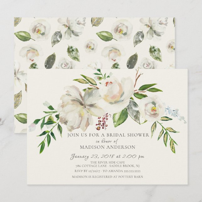 Invitación a ducha de novia acuarela blanca floral (Anverso / Reverso)