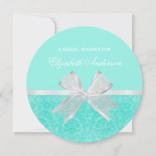 Invitación a ducha de novia Aqua Damask White Bow
