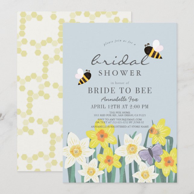 Invitación a ducha de novia azul Daffodil (Anverso / Reverso)