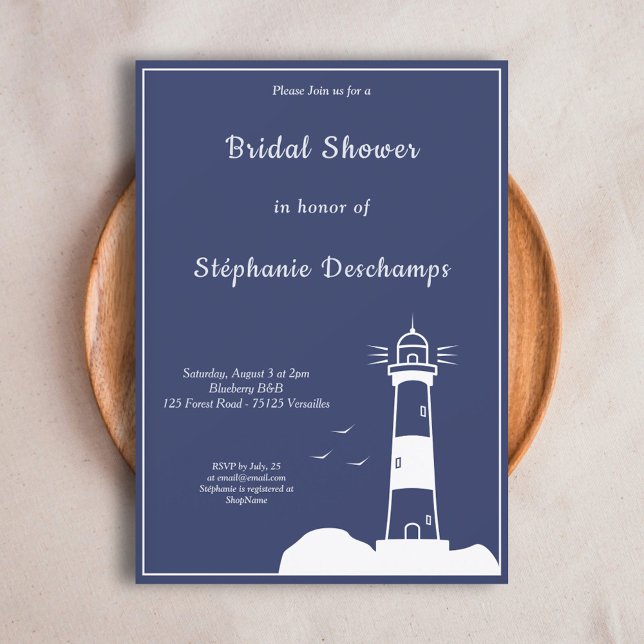 Invitación a ducha de novia azul de la Marina de F (Lighthouse Navy Blue Bridal Shower Invitation)