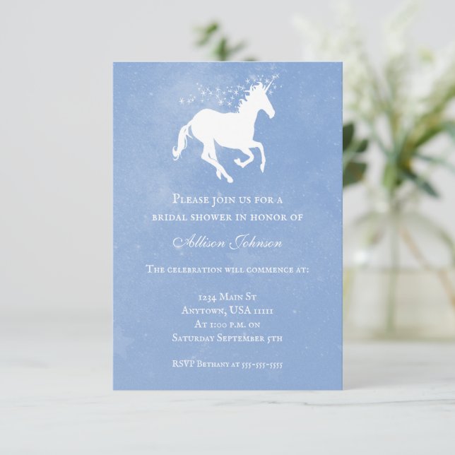 Invitación a ducha de novia azul unicornio (Anverso de pie)