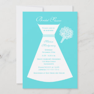 Invitación a ducha de novia azul, vestido de novia