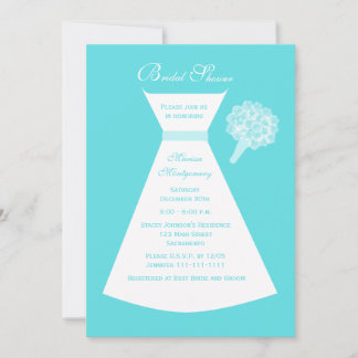 Invitación a ducha de novia azul, vestido de novia