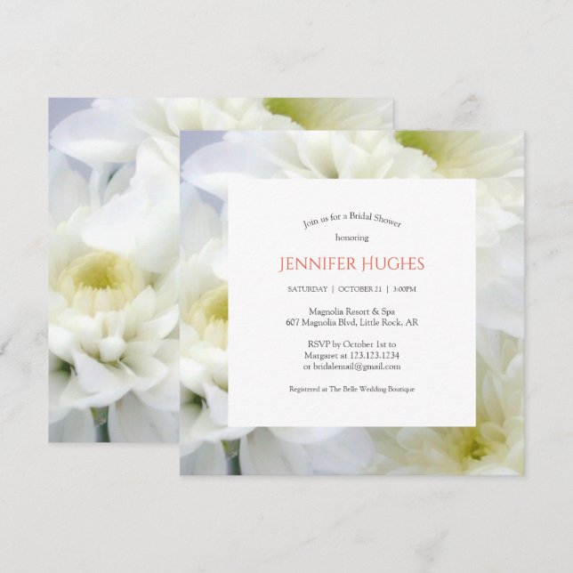Invitación a ducha de novia blanca floral (Anverso / Reverso)